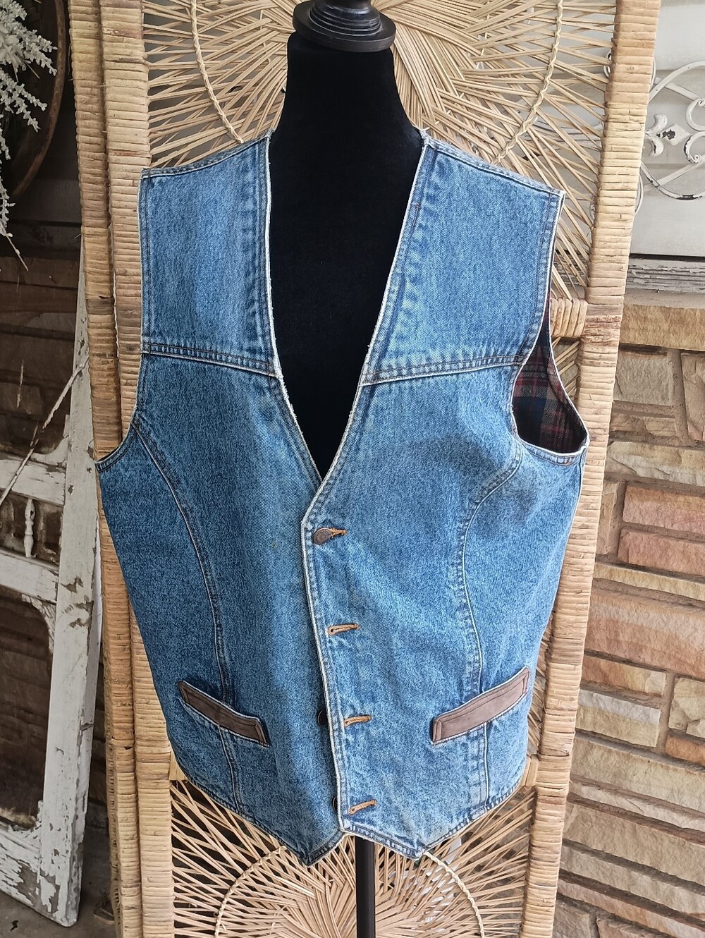 Vintage Wrangler Blue Denim Vest with Brown Leather Accents_L